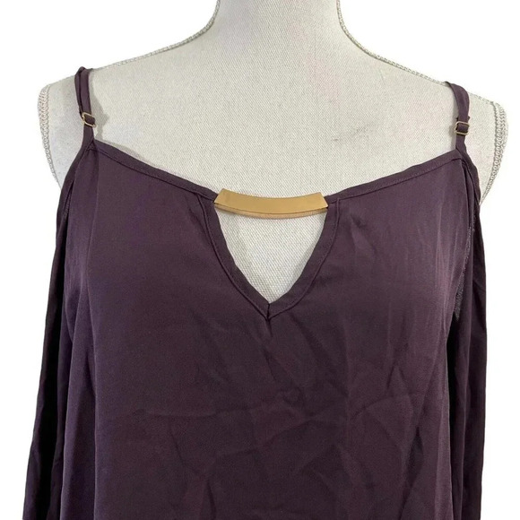 Purple Meraki Blouse Semi Sheer Metal Gold Hardware Cutout Cold Shoulder Flowy - Picture 2 of 6